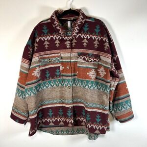 GRACE KARMA Women's 3X Southwestern Patterned Shacket Jacket Burgundy Teal boho